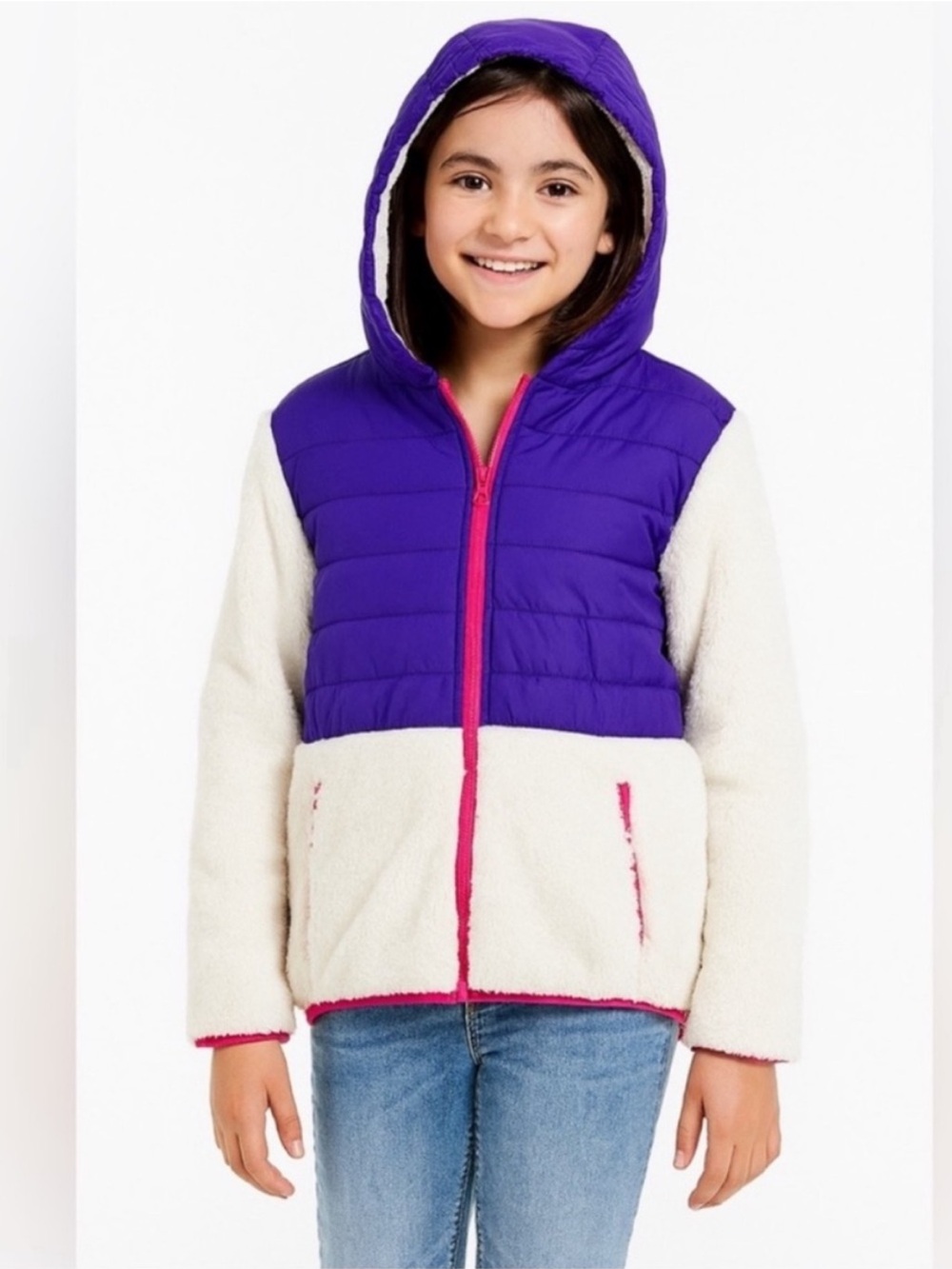 Girls long sleeve jacket sweater fuzzy warm purple pink white windbreaker full z